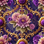 purple, gold, pink, mauve, burgundy, baroque pattern, ornate florals, damask design, chrysanthemums, roses, scrollwork, acanthus leaves, decorative swirls, luxurious style, opulent design,, fabric panel, rich colors, floral motifs, vintage inspired