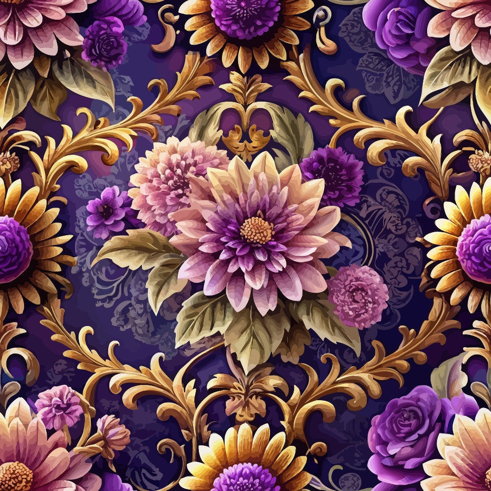 purple, gold, pink, mauve, burgundy, baroque pattern, ornate florals, damask design, chrysanthemums, roses, scrollwork, acanthus leaves, decorative swirls, luxurious style, opulent design,, fabric panel, rich colors, floral motifs, vintage inspired