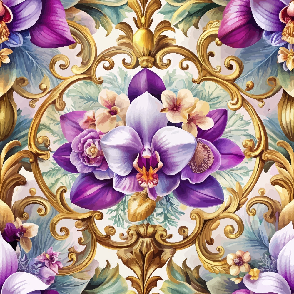 purple orchids, baroque scrollwork, gold ornamental frame, floral bouquet, lavender petals, cream background, decorative swirls, tropical flowers,, fabric panel, ornate pattern, violet blooms, botanical design, elegant florals, rococo style, luxurious motifs, purple and gold, detailed petals, flowing leaves, ornamental border