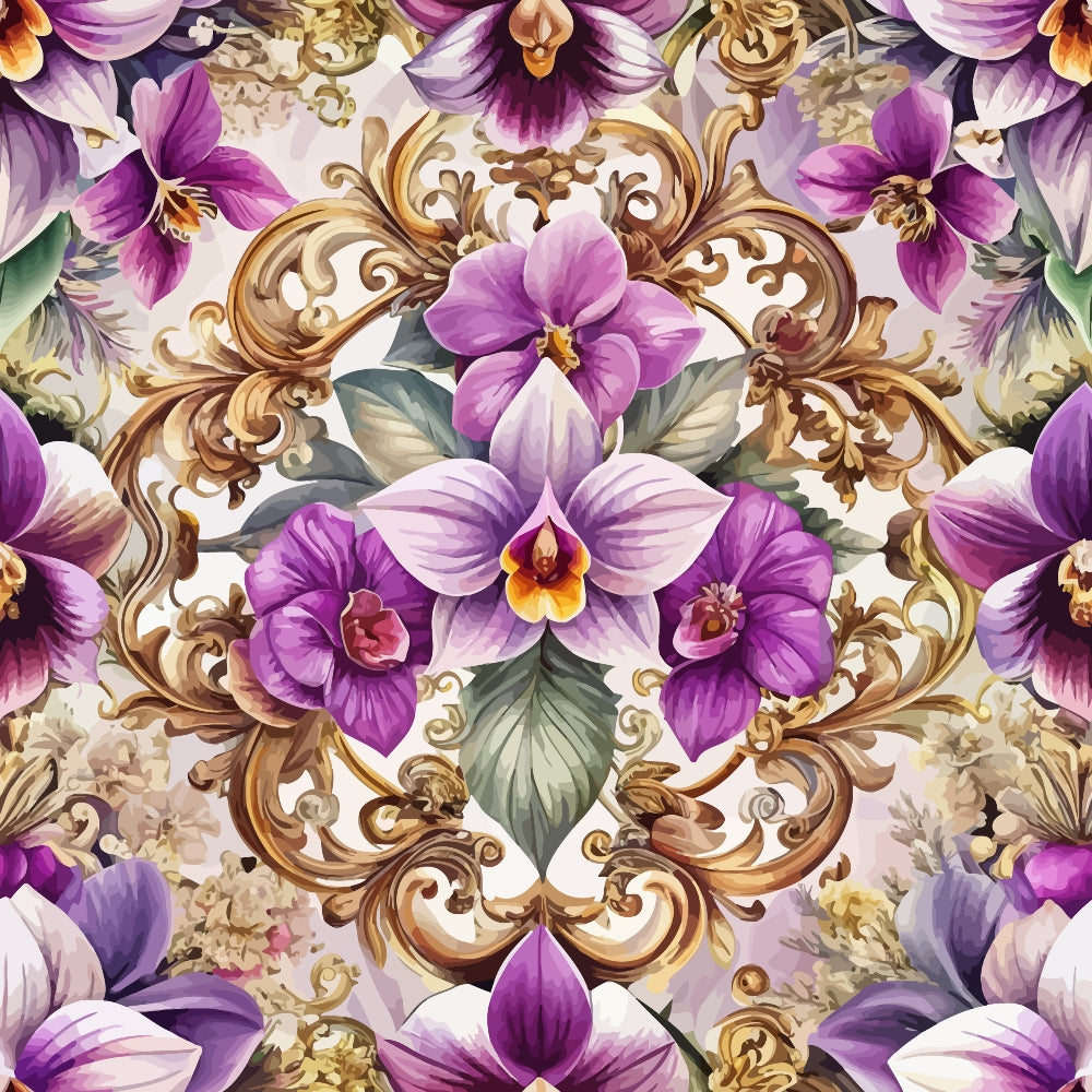 purple flowers, orchids, baroque pattern, gold scrollwork, ornate design, floral motif, lavender petals, decorative swirls, elegant florals,, fabric panel, botanical design, luxurious pattern, ornamental style, violet blooms, golden accents, rococo influence, sophisticated floral, textile art, seamless repeat