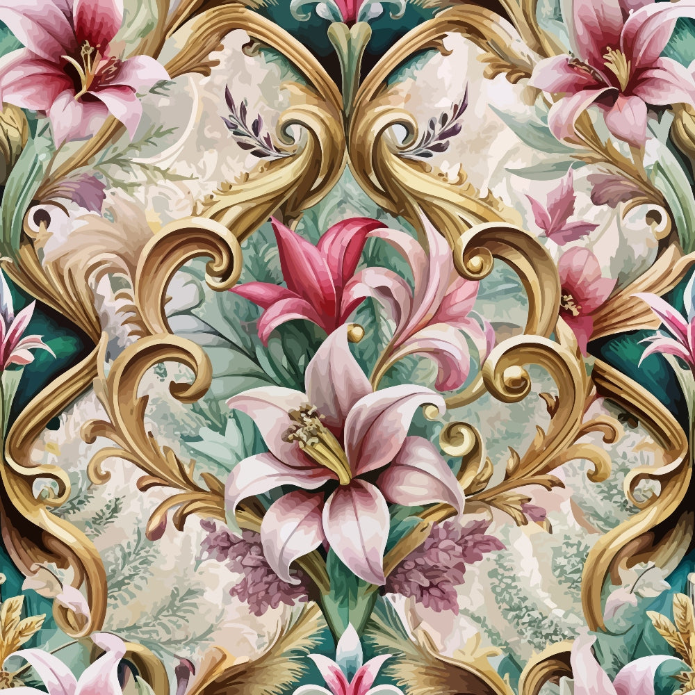 baroque florals, pink lilies, gold scrollwork, ornate design,, fabric panel, floral pattern, green leaves, cream background, decorative swirls, botanical motifs, elegant styling, pastel pink, antique gold, vintage inspired, symmetrical design, luxury aesthetic, spring flowers, rococo elements