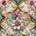 baroque florals, pink lilies, gold scrollwork, ornate design,, fabric panel, floral pattern, green leaves, cream background, decorative swirls, botanical motifs, elegant styling, pastel pink, antique gold, vintage inspired, symmetrical design, luxury aesthetic, spring flowers, rococo elements