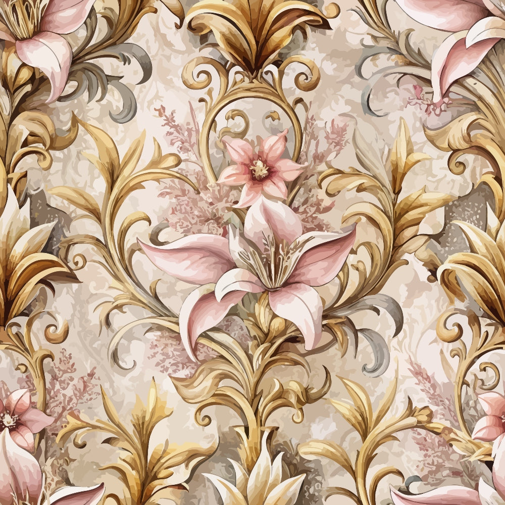 baroque florals, pink lilies, golden scrollwork, ornate acanthus leaves, cream background, dusty rose, antique gold, decorative swirls, vintage pattern,, fabric panel, elegant flowers, rococo style, soft pastels, botanical motifs, luxurious design, ornamental flourishes, damask inspired
