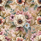 baroque florals,, fabric panel, cream flowers, pink blossoms, mauve petals, gold scrollwork, ornate design, vintage floral, decorative swirls, botanical pattern, layered blooms, dusty rose, ivory background, elegant motifs, romantic florals, intricate details, soft pastels, repeating pattern, luxurious texture