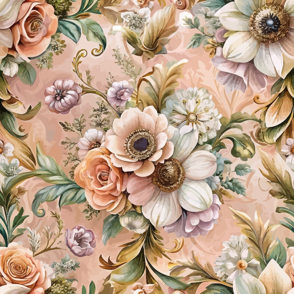 blush pink, peach, cream, sage green, baroque floral, ornate roses, decorative scrolls, vintage blooms, anemone flowers, gold accents, romantic pattern, elegant foliage,, fabric panel, soft pastels, detailed petals, swirling vines, layered florals, muted tones, sophisticated design
