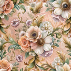 blush pink, peach, cream, sage green, baroque floral, ornate roses, decorative scrolls, vintage blooms, anemone flowers, gold accents, romantic pattern, elegant foliage,, fabric panel, soft pastels, detailed petals, swirling vines, layered florals, muted tones, sophisticated design