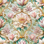 baroque florals, ornate scrollwork, pink flowers, lotus blossoms, sage green, dusty rose, gold accents, cream background, decorative swirls, botanical motifs, elegant pattern, vintage style,, fabric panel, floral damask, romantic design, soft pastels, intricate details, repeating pattern