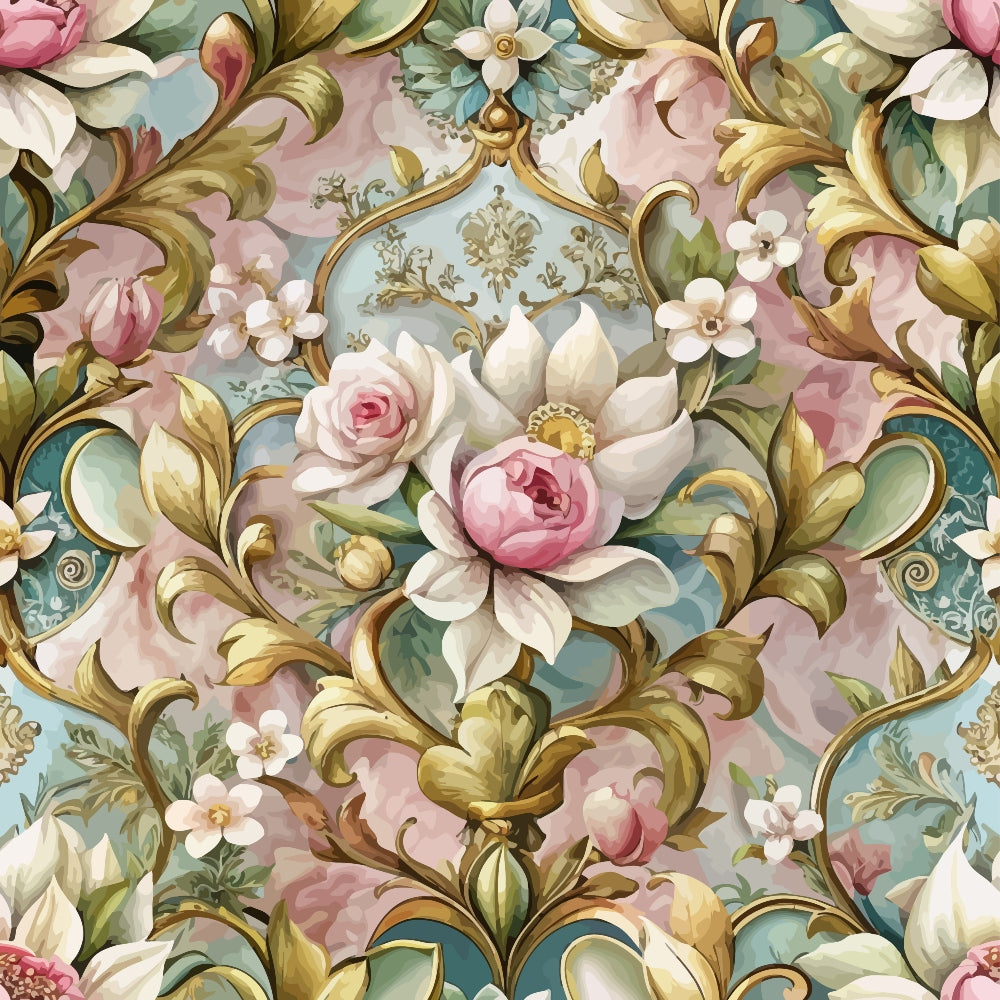 baroque florals, ornate scrollwork, pink roses, white magnolias, dusty blue, sage green, gold accents, rococo style, vintage flowers,, fabric panel, decorative motifs, pastel palette, elegant blooms, intricate design, ornamental pattern, luxurious florals, romantic style, cotton fabric
