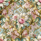 baroque florals, ornate scrollwork, pink roses, white magnolias, dusty blue, sage green, gold accents, rococo style, vintage flowers,, fabric panel, decorative motifs, pastel palette, elegant blooms, intricate design, ornamental pattern, luxurious florals, romantic style, cotton fabric