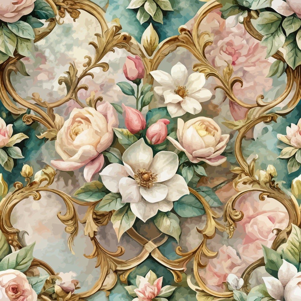 baroque florals, pink roses, white flowers, gold ornamental scrolls, green leaves, cream background, teal accents, romantic pattern, vintage style,, fabric panel, floral motifs, ornate design, soft pastels, decorative swirls, botanical print, elegant flowers, rococo elements, seamless pattern, blush tones