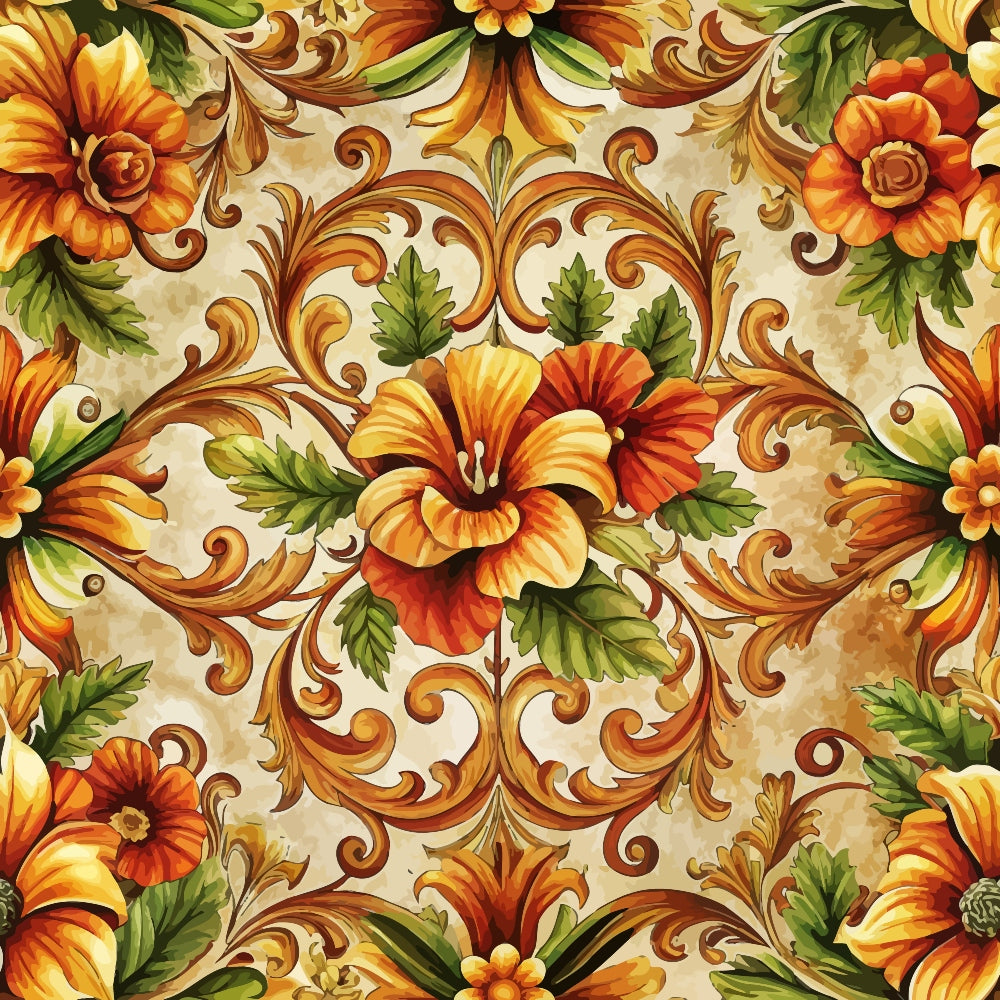 baroque florals, ornate flowers, scrollwork, acanthus leaves, orange blooms, golden yellow, deep orange, emerald green, cream background, decorative swirls, hibiscus flowers, ornamental pattern, rococo style, elaborate design,, fabric panel, autumn colors, floral motifs, luxurious pattern, vintage inspired
