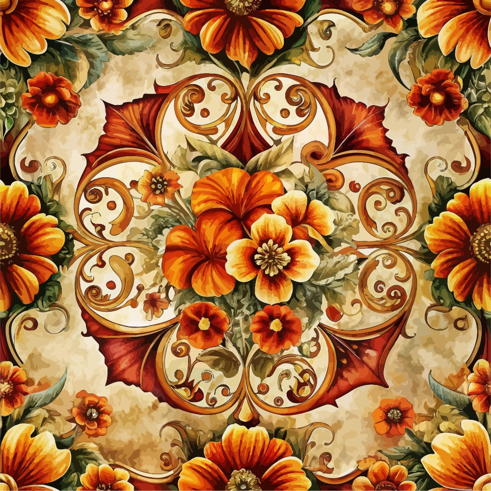baroque florals, ornate scrollwork, orange flowers, red blooms, golden swirls, cream background, decorative motifs, floral medallion, autumn colors, rust tones,, fabric panel, botanical design, elegant pattern, warm palette, intricate details, damask style, fall florals, ornamental swirls