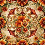 baroque florals, ornate scrollwork, orange flowers, red blooms, golden swirls, cream background, decorative motifs, floral medallion, autumn colors, rust tones,, fabric panel, botanical design, elegant pattern, warm palette, intricate details, damask style, fall florals, ornamental swirls