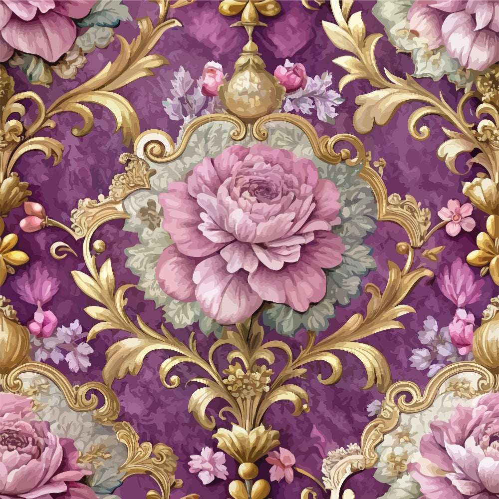purple background, baroque pattern, ornate scrollwork, pink roses, floral motif, gold accents, decorative swirls, vintage style,, fabric panel, romantic florals, lavender tones, ornamental design, rococo elements, dusty rose, gilded details, botanical print, elegant pattern, damask style, feminine colors