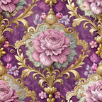 purple background, baroque pattern, ornate scrollwork, pink roses, floral motif, gold accents, decorative swirls, vintage style,, fabric panel, romantic florals, lavender tones, ornamental design, rococo elements, dusty rose, gilded details, botanical print, elegant pattern, damask style, feminine colors
