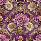 purple background, baroque florals, ornate scrollwork, pink peonies, golden flowers, cream daisies, decorative swirls, vintage style, elegant motifs,, fabric panel, floral damask, regal purple, antique gold, romantic flowers, ornamental design, luxurious pattern, botanical elements