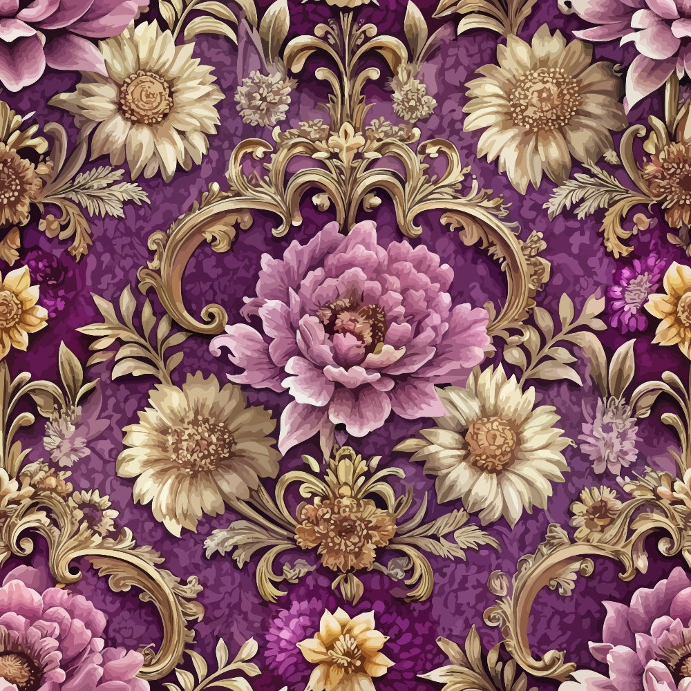 purple background, baroque florals, ornate scrollwork, pink peonies, golden flowers, cream daisies, decorative swirls, vintage style, elegant motifs,, fabric panel, floral damask, regal purple, antique gold, romantic flowers, ornamental design, luxurious pattern, botanical elements