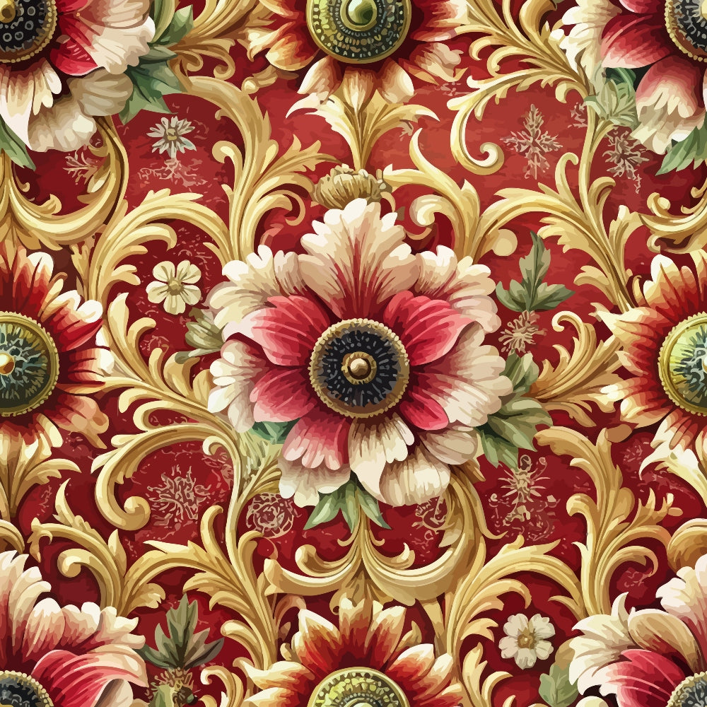 burgundy, crimson, gold, cream, sage green, baroque florals, ornate flowers, decorative scrollwork, acanthus leaves, vintage botanical, elaborate petals, rococo style, ornamental design,, fabric panel, luxurious pattern, detailed floral motifs, swirling vines, regal aesthetic, opulent textiles