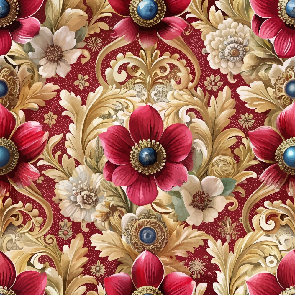 burgundy, maroon, gold, cream, blue accents, baroque florals, ornate flowers, decorative scrollwork, vintage botanical, elegant damask,, fabric panel, luxurious pattern, dimensional blooms, antique style, rich textures, formal floral, opulent design, renaissance motifs, jewel tones