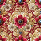 burgundy, maroon, gold, cream, blue accents, baroque florals, ornate flowers, decorative scrollwork, vintage botanical, elegant damask,, fabric panel, luxurious pattern, dimensional blooms, antique style, rich textures, formal floral, opulent design, renaissance motifs, jewel tones