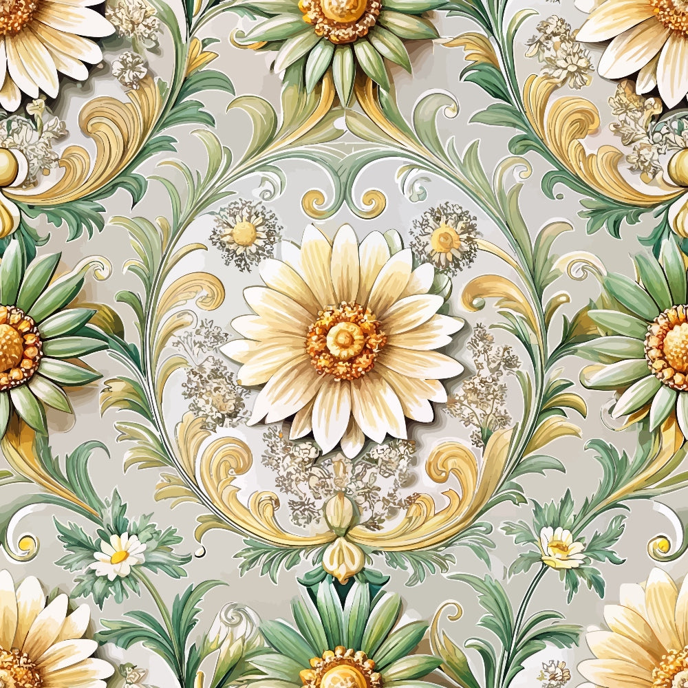 baroque florals, cream background, sage green, golden yellow, ornate scrollwork, daisy flowers, decorative swirls, vintage pattern,, fabric panel, floral damask, elegant design, acanthus leaves, rococo style, neutral tones, botanical motifs, symmetrical pattern, luxury aesthetic
