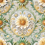 baroque florals, cream background, sage green, golden yellow, ornate scrollwork, daisy flowers, decorative swirls, vintage pattern,, fabric panel, floral damask, elegant design, acanthus leaves, rococo style, neutral tones, botanical motifs, symmetrical pattern, luxury aesthetic