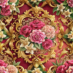 burgundy, deep red, gold ornate, baroque scrollwork, pink roses, cream flowers, ornamental frame, floral bouquet, decorative flourishes, vintage style, elegant pattern,, fabric panel, romantic florals, gilded accents, rose garden, ornate border, luxurious design, antique motifs