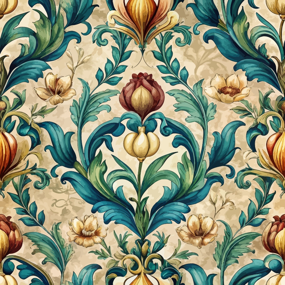 baroque florals, ornate flowers, scrolling foliage, teal leaves, golden blooms, burgundy flowers, cream background, decorative swirls, elegant damask, vintage botanical, acanthus leaves, formal floral, rich colors,, fabric panel, luxurious pattern, renaissance style, ornamental design, flowing vines, sophisticated motifs
