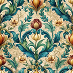 baroque florals, ornate flowers, scrolling foliage, teal leaves, golden blooms, burgundy flowers, cream background, decorative swirls, elegant damask, vintage botanical, acanthus leaves, formal floral, rich colors,, fabric panel, luxurious pattern, renaissance style, ornamental design, flowing vines, sophisticated motifs