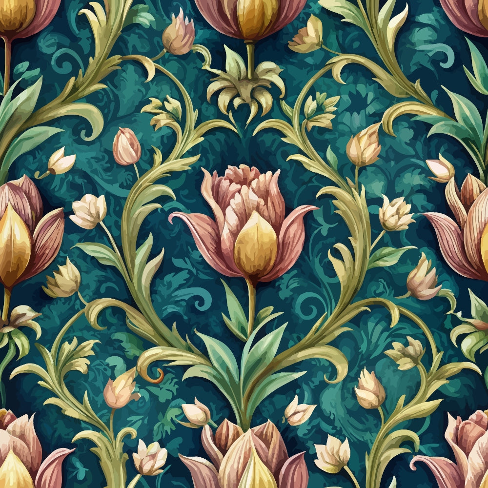 teal background, baroque pattern, floral motif, tulips, ornate scrollwork, vintage style, decorative flourishes, pink flowers, yellow blooms, green foliage, seamless repeat, elegant design,, fabric panel, botanical elements, swirling vines, renaissance inspired, luxurious pattern, detailed florals
