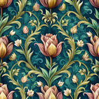 teal background, baroque pattern, floral motif, tulips, ornate scrollwork, vintage style, decorative flourishes, pink flowers, yellow blooms, green foliage, seamless repeat, elegant design,, fabric panel, botanical elements, swirling vines, renaissance inspired, luxurious pattern, detailed florals