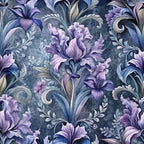purple flowers, lavender blooms, blue gray background, baroque pattern, ornate scrollwork, floral motif, decorative swirls, elegant design,, fabric panel, vintage style, botanical print, damask pattern, ruffled petals, flowing leaves, romantic florals, sophisticated palette, ornamental design, textile art