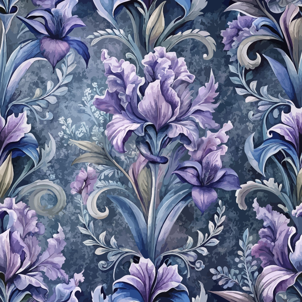 purple flowers, lavender blooms, blue gray background, baroque pattern, ornate scrollwork, floral motif, decorative swirls, elegant design,, fabric panel, vintage style, botanical print, damask pattern, ruffled petals, flowing leaves, romantic florals, sophisticated palette, ornamental design, textile art