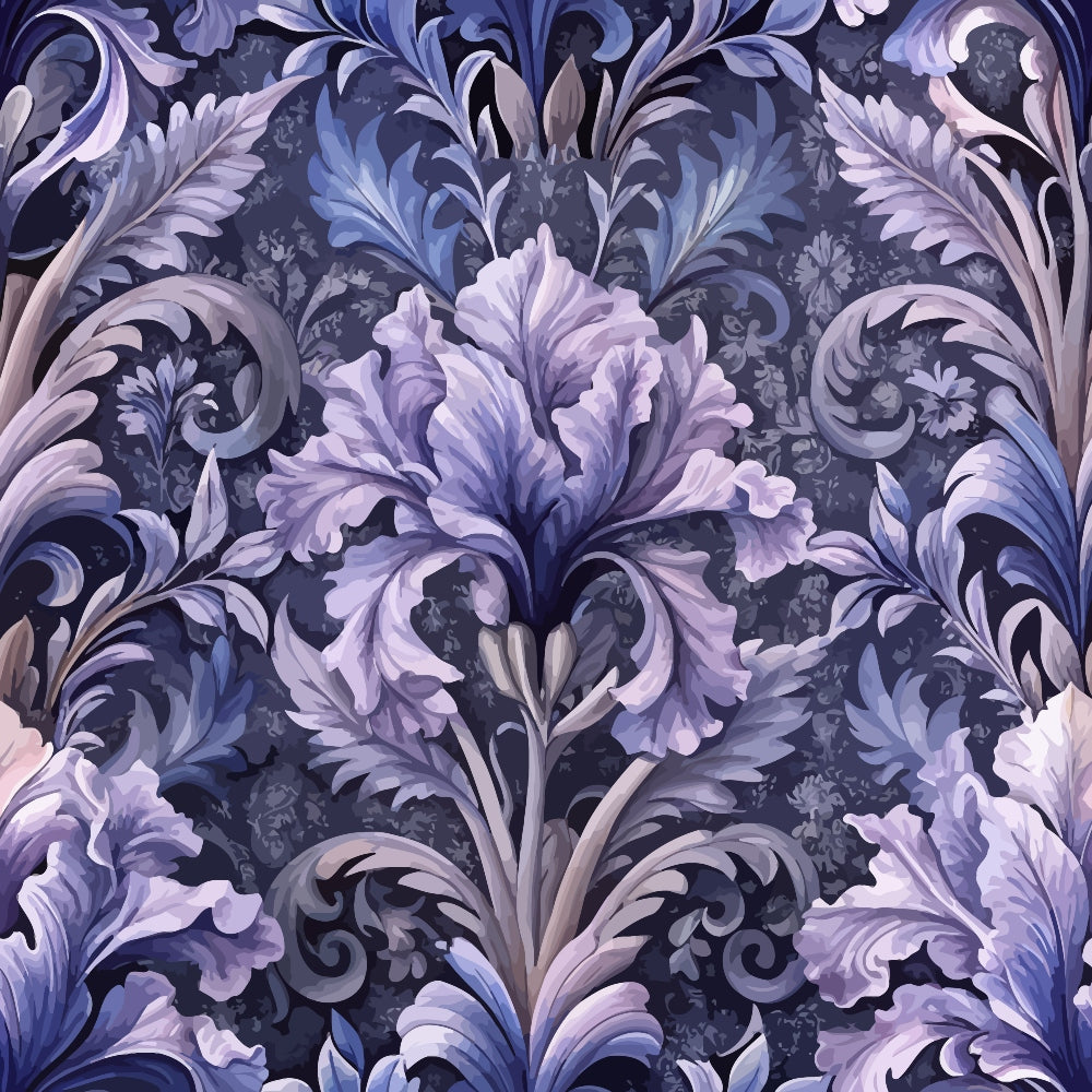 purple, lavender, periwinkle, navy blue, baroque pattern, ornate florals, acanthus leaves, scrollwork, damask design, elegant swirls, decorative motifs, luxurious texture,, fabric panel, sophisticated palette, flowing curves, intricate details, monochromatic scheme, vintage inspired, ornamental design