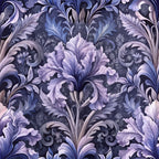 purple, lavender, periwinkle, navy blue, baroque pattern, ornate florals, acanthus leaves, scrollwork, damask design, elegant swirls, decorative motifs, luxurious texture,, fabric panel, sophisticated palette, flowing curves, intricate details, monochromatic scheme, vintage inspired, ornamental design