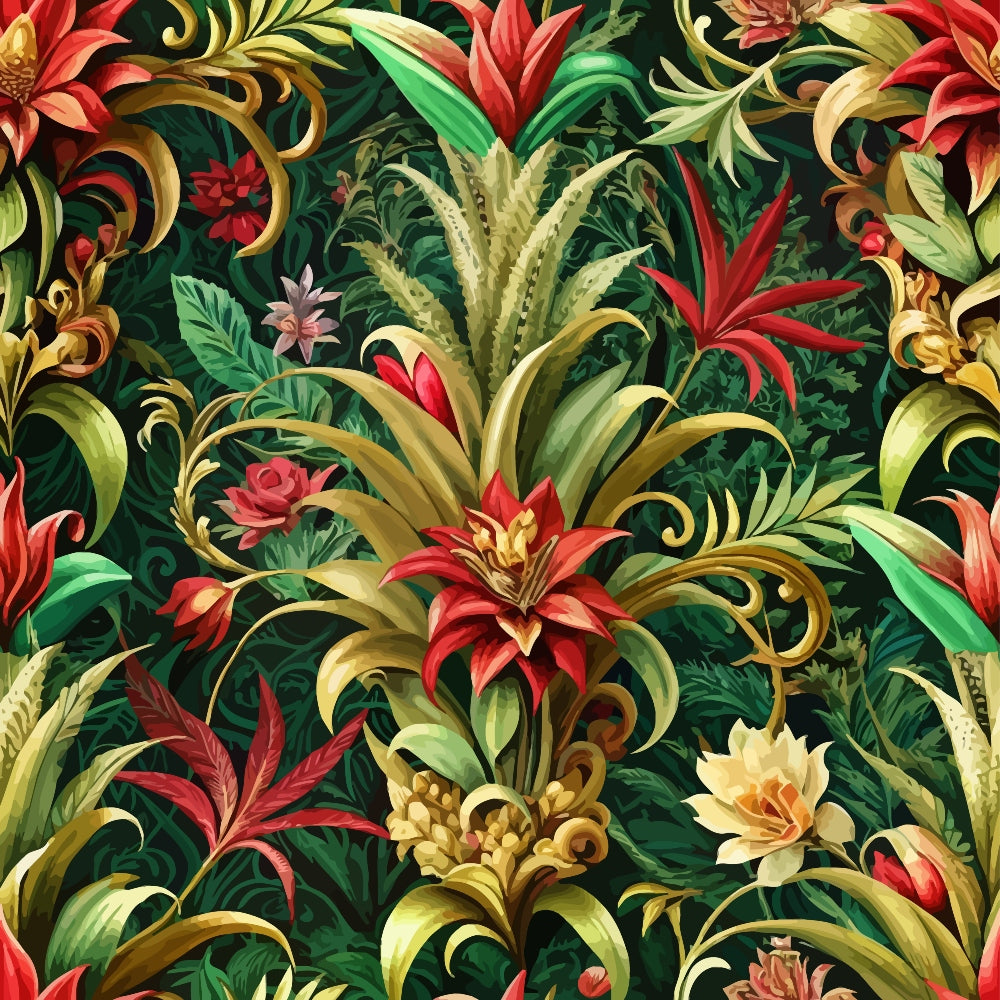 baroque florals, tropical flowers, pineapples, red lilies, green foliage, gold scrollwork, ornate patterns, lush botanicals,, fabric panel, emerald green, coral red, golden yellow, decorative swirls, exotic plants, rich colors, floral motifs, tropical paradise, ornamental design, dense pattern