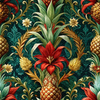 baroque florals, pineapples, tropical flowers, red blooms, golden pineapples, emerald green, teal background, ornate scrollwork, decorative swirls, lush foliage, exotic botanicals, rich colors, opulent pattern,, fabric panel, tropical paradise, elaborate design, vintage style, luxurious motifs