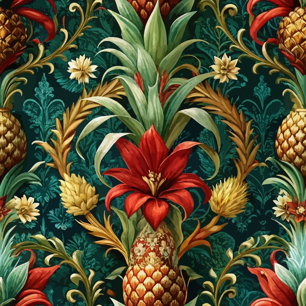 baroque florals, pineapples, tropical flowers, red blooms, golden pineapples, emerald green, teal background, ornate scrollwork, decorative swirls, lush foliage, exotic botanicals, rich colors, opulent pattern,, fabric panel, tropical paradise, elaborate design, vintage style, luxurious motifs