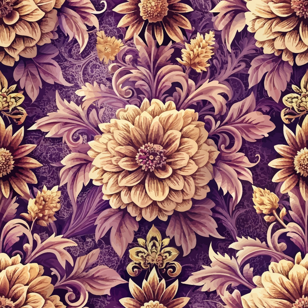 baroque florals,, fabric panel, deep purple, golden yellow, ornate flowers, decorative scrollwork, vintage style, elaborate petals, rich burgundy, cream tones, floral motifs, damask pattern, ornamental design, luxurious aesthetic, detailed blooms, swirling vines, regal colors, intricate artwork, textile design