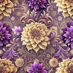 purple, gold, cream, baroque florals, ornate flowers, decorative scrollwork, vintage damask, elegant petals, layered blooms, intricate swirls, luxury pattern, royal colors,, fabric panel, botanical design, ornamental motifs, rich textures, floral wallpaper style, opulent design, renaissance inspired