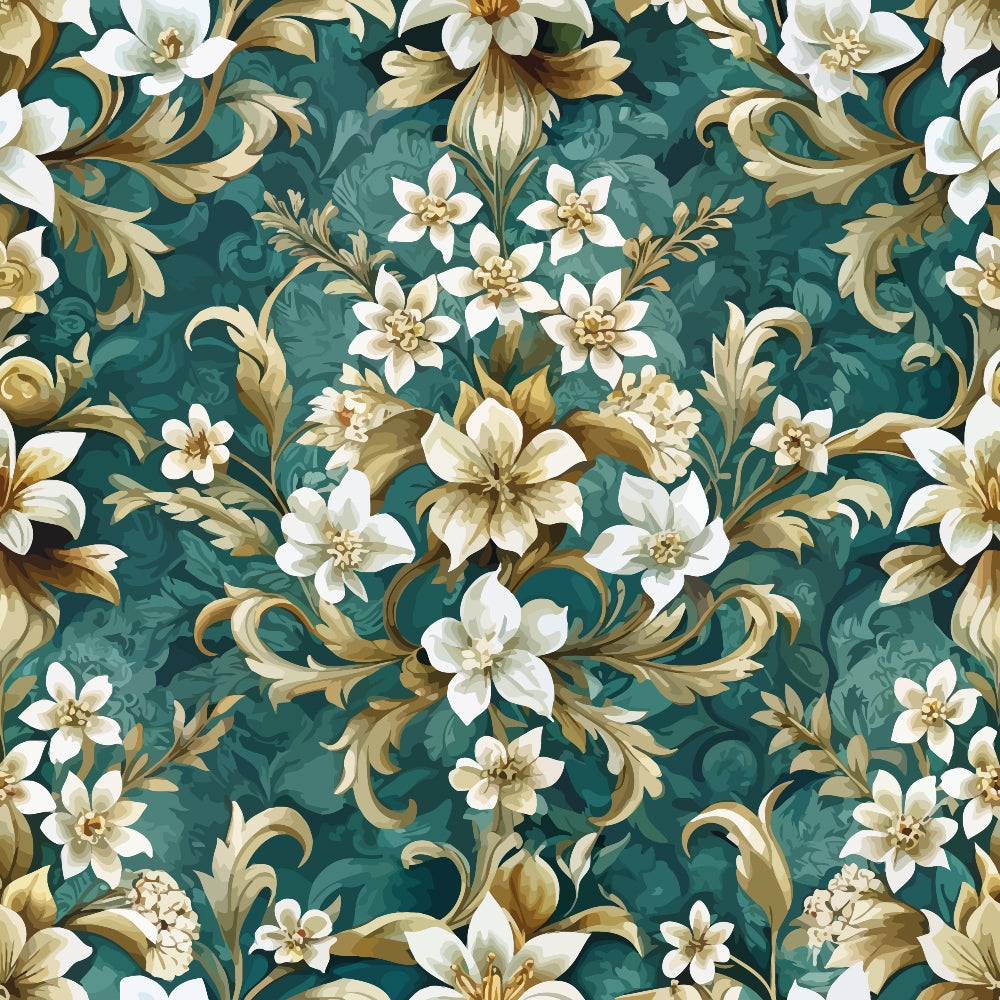 teal background, white flowers, gold accents, baroque pattern, ornate scrollwork, floral motif, decorative swirls, elegant design,, fabric panel, seamless repeat, vintage style, botanical elements, intricate details, damask inspired, cream petals, forest green, antique gold, flowing vines, ornamental flourishes