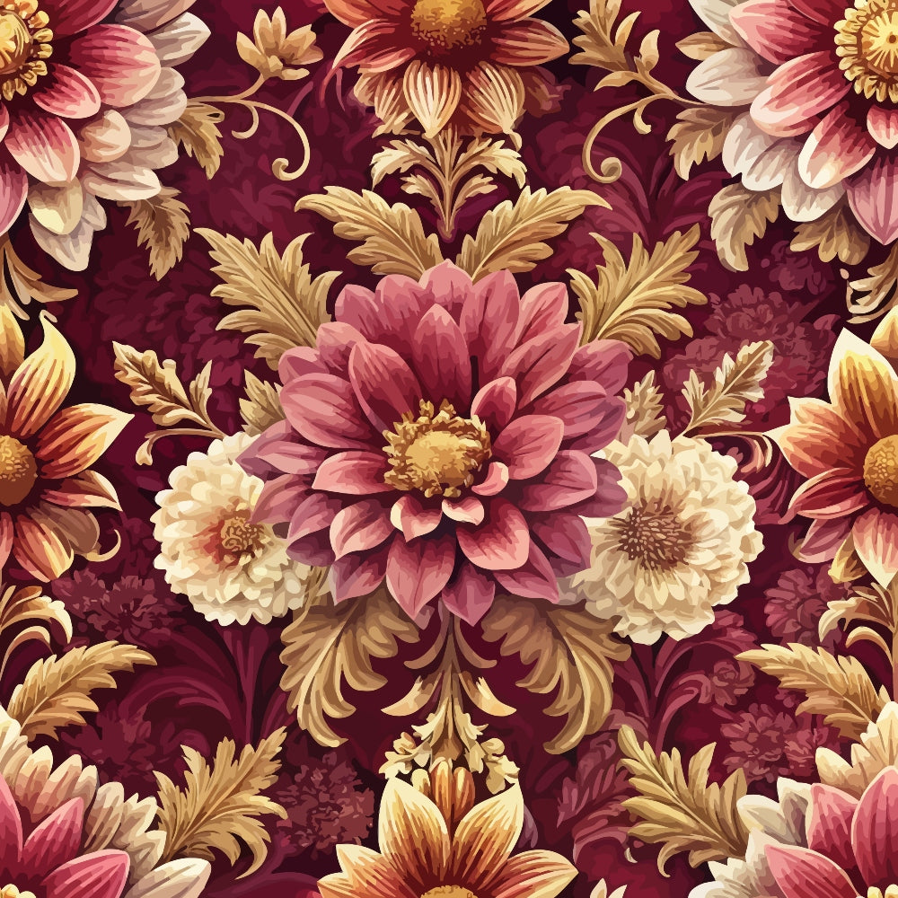 burgundy, maroon, gold, cream, pink, baroque pattern, ornate florals, decorative flowers, vintage style, elaborate design,, fabric panel, rich colors, floral motifs, ornamental leaves, elegant pattern, luxurious feel, detailed artwork, romantic florals, damask style