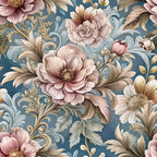 dusty blue, mauve pink, cream, taupe, baroque florals, ornate flowers, decorative scrollwork, peonies, roses, botanical motifs, vintage style, elegant pattern,, fabric panel, romantic mood, soft pastels, floral damask, ornamental design, luxurious texture