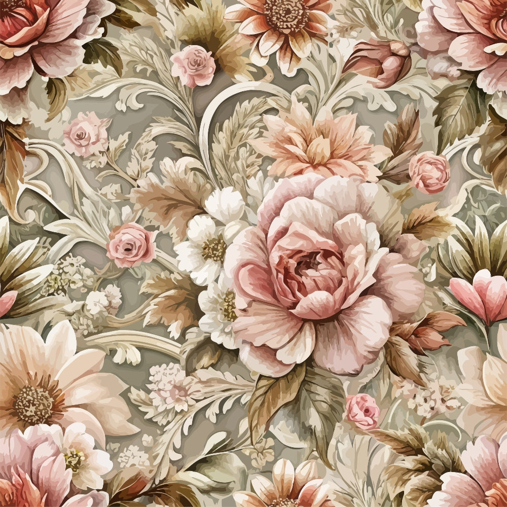 baroque florals,, fabric panel, dusty rose, sage green, cream, taupe, ornate flowers, vintage roses, decorative scrollwork, botanical motif, romantic style, elegant pattern, soft pastels, intricate design, floral damask, layered petals, ornamental leaves, sophisticated aesthetic