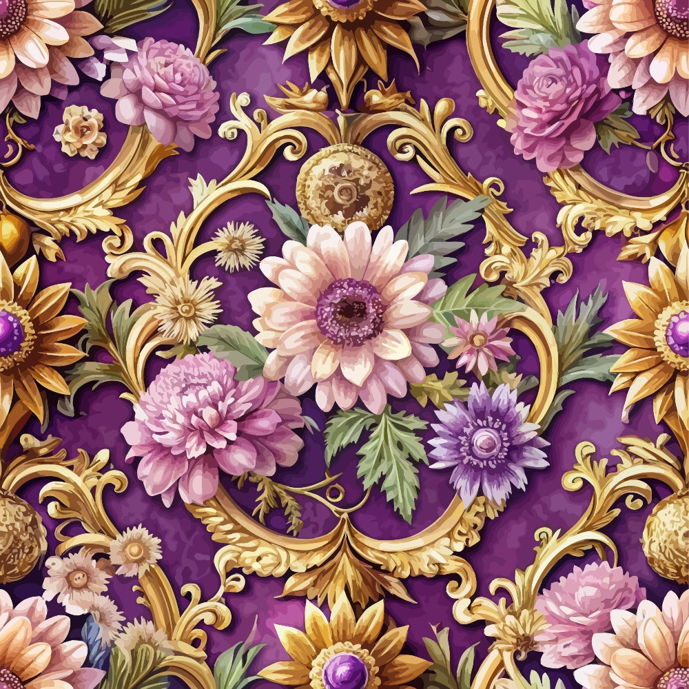 purple background, baroque pattern, ornate scrollwork, floral motif, pink roses, peach flowers, golden flourishes, decorative swirls, vintage style, elegant design,, fabric panel, botanical elements, luxurious pattern, rococo inspired, detailed florals, rich colors, ornamental design