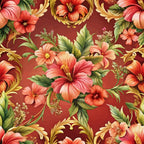 burgundy, coral, peach, pink, gold, green, baroque florals, hibiscus flowers, tropical blooms, ornate scrollwork, decorative swirls, lush foliage, botanical pattern, elegant motifs,, fabric panel, rich colors, flowing design, floral arrangement, exotic flowers