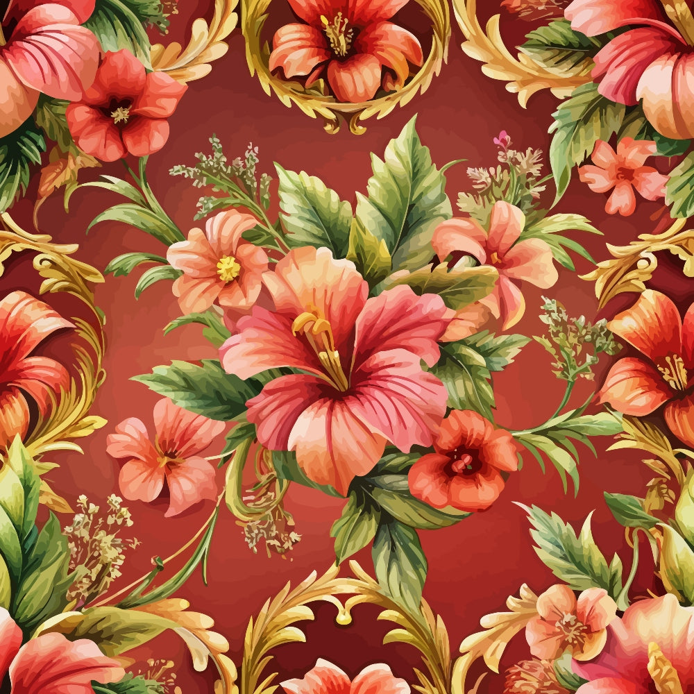 burgundy, coral, peach, pink, gold, green, baroque florals, hibiscus flowers, tropical blooms, ornate scrollwork, decorative swirls, lush foliage, botanical pattern, elegant motifs,, fabric panel, rich colors, flowing design, floral arrangement, exotic flowers