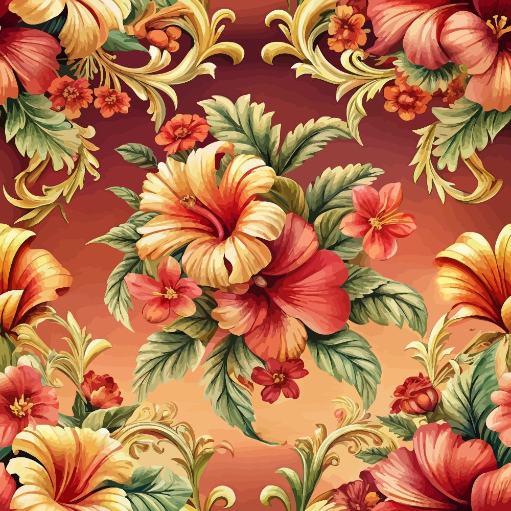 baroque florals,, fabric panel, hibiscus flowers, tropical blooms, ornate scrollwork, decorative swirls, burgundy background, coral pink, golden yellow, orange hues, green leaves, floral pattern, seamless repeat, elegant design, warm tones, botanical motifs, ornamental flourishes, rich colors, flowing vines