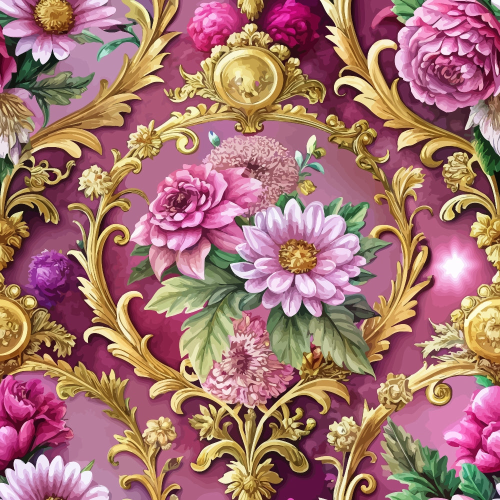 burgundy, magenta, pink, gold, baroque ornaments, floral medallions, roses, peonies, chrysanthemums, ornate scrollwork, gilded frames, decorative flourishes, victorian style, elegant motifs,, fabric panel, botanical design, luxurious pattern, ornamental borders, vintage florals