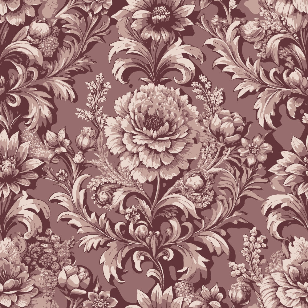 mauve, dusty rose, burgundy, baroque florals, ornate flowers, damask pattern, scrollwork, acanthus leaves, peonies, vintage blooms, monochromatic design, elegant motifs, decorative swirls,, fabric panel, sophisticated palette, ornamental botanical, victorian style, luxurious texture, repeating pattern